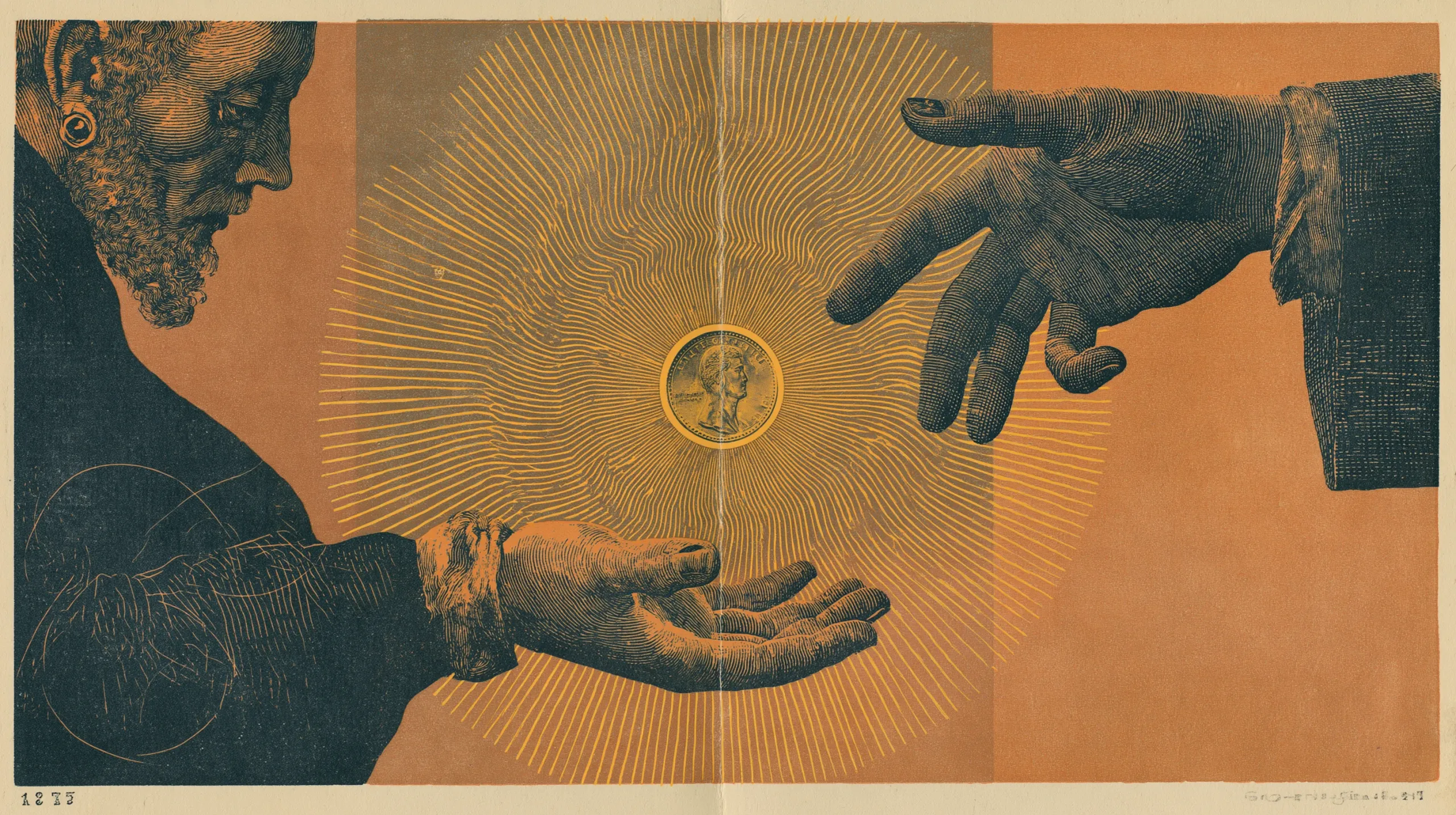 An engraved print: one open hand offers a single gold coin at the centre of a burst of rays, another hand reaches for it from the right, and a bearded man watches from the left.