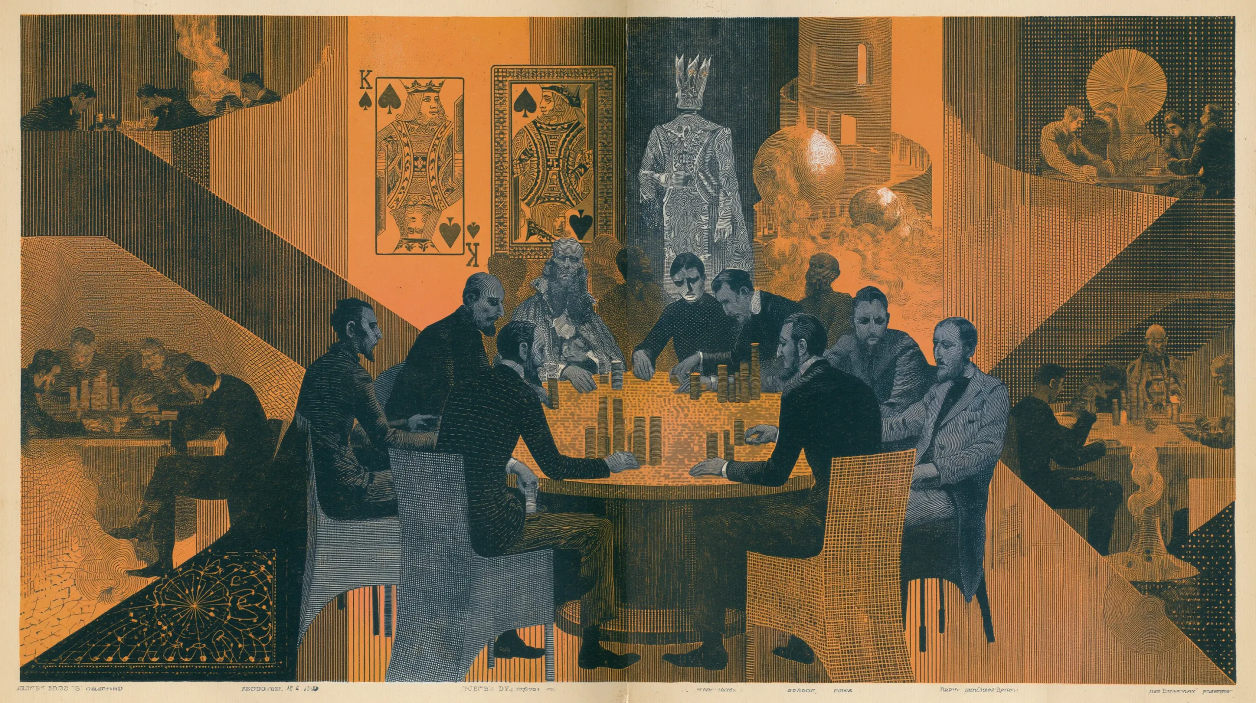 An engraved print of a crowded gambling room: men in coats sit around a table stacked with counters, oversized playing cards and a crowned figure loom behind them, and more card tables fill the corners.