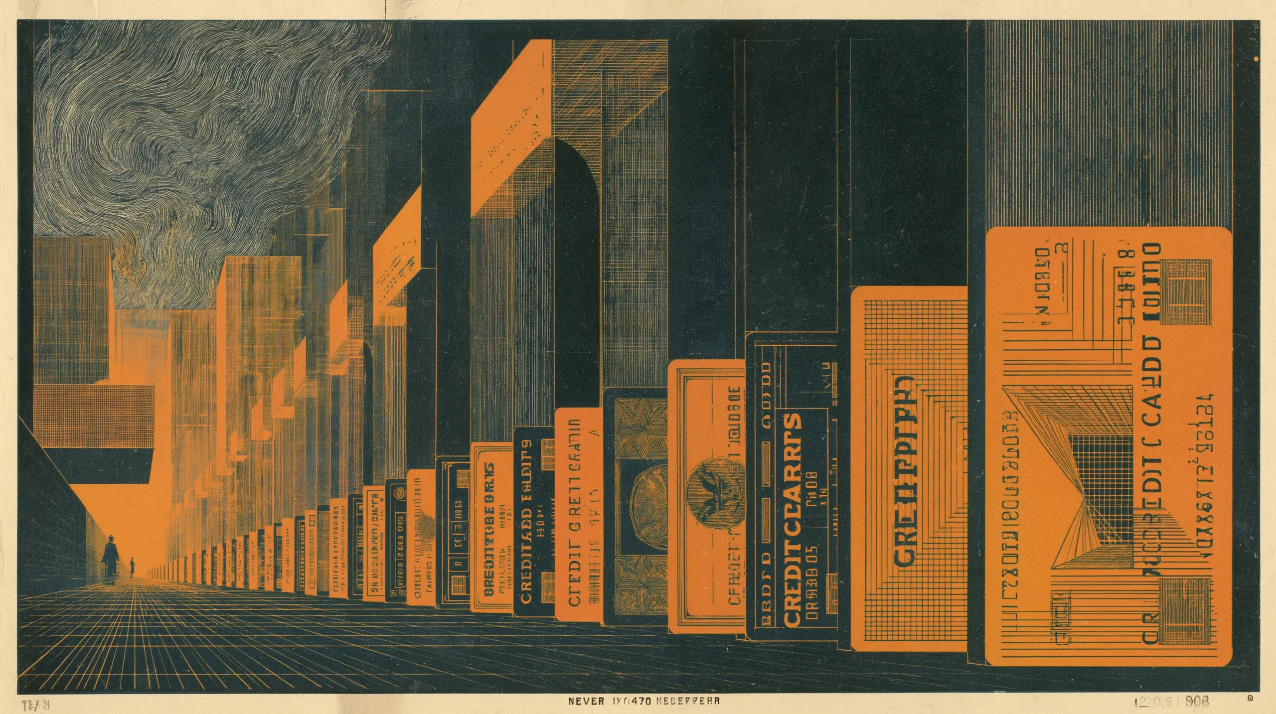 An engraved street scene: a row of credit cards stands along a receding road like billboards, each one larger than the last toward the front, with tower blocks and a plume of smoke behind them and two tiny figures walking in the far distance.