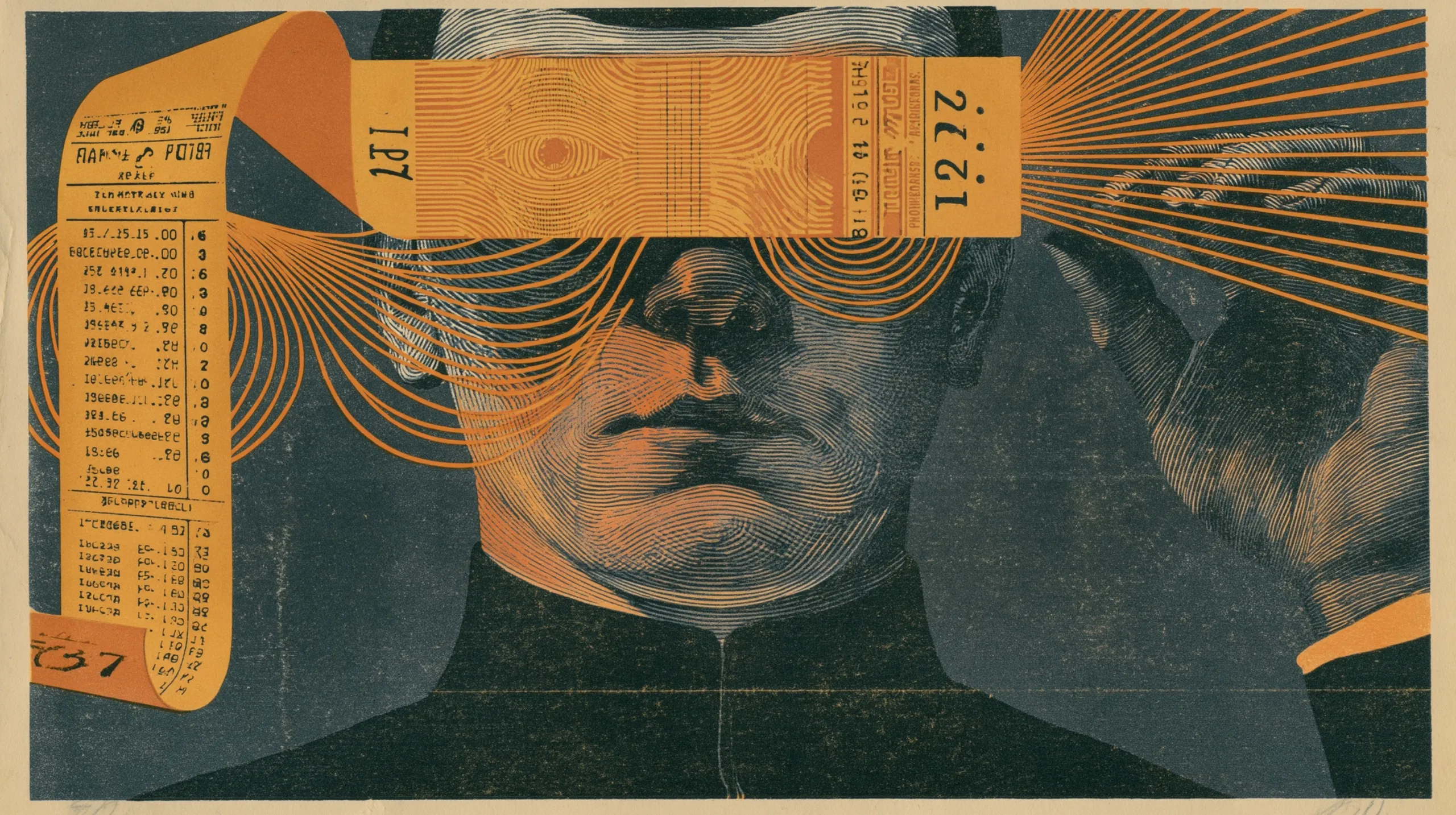 An engraved portrait: a man's face with a printed ticket laid across his eyes like a blindfold, rays fanning out from behind it, a long column of printed figures running down the left, and a raised hand at the right.