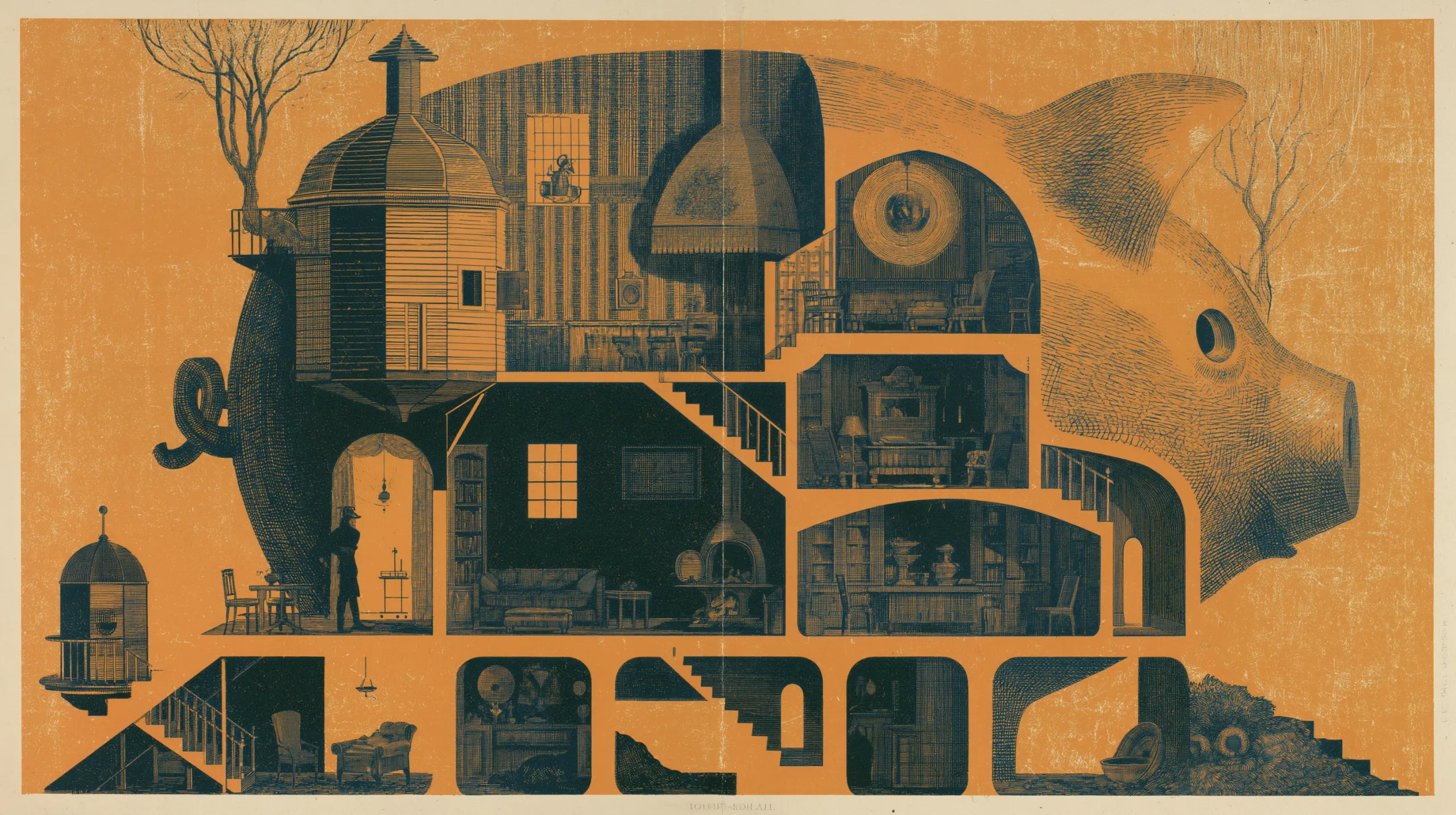 An engraved cutaway: a giant piggy bank opened to show furnished rooms inside, with staircases, fireplaces, a domed turret on its back, a figure standing in a lit doorway, and a birdcage and bare trees outside.