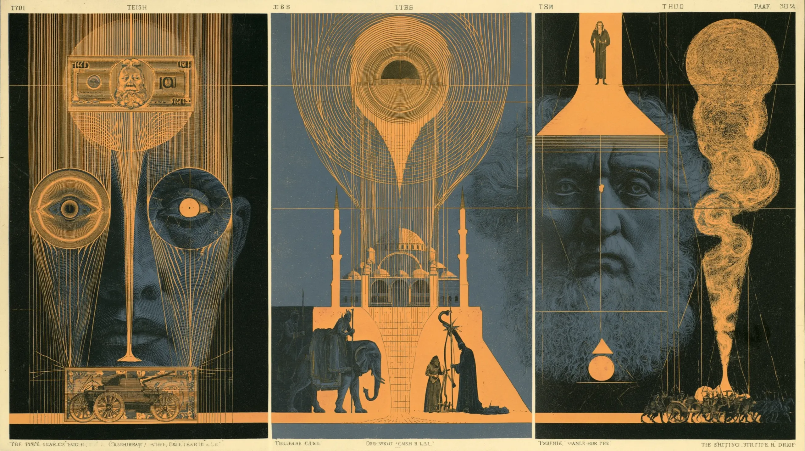 An engraved triptych: a banknote portrait in a radiating disc streams threads down a dark face into a gun carriage, an eye-topped vortex pours rays onto a domed building flanked by an elephant and robed figures, and smoke climbs past a bearded face above a line of tiny horsemen.