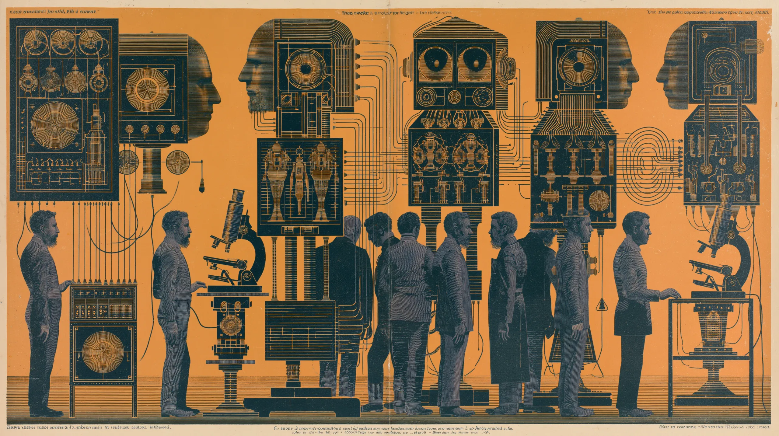 An engraved scene on an orange ground: a queue of bearded men in dark suits stands among machine-headed figures whose chests open into circuit diagrams, human profiles face lens-eyed heads at either end, and men attend microscopes and switchboards at the edges, everything joined by thin wires.