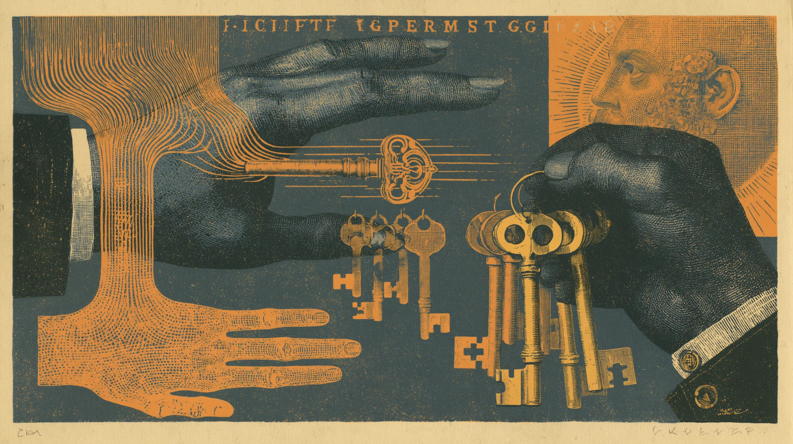 An engraved print: a dark outstretched hand trails orange threads from an ornate key in flight, an open orange hand reaches up from below, and at the right a haloed bearded man grips a ring of heavy keys in his fist, with loose keys and puzzle-piece shapes hanging between.