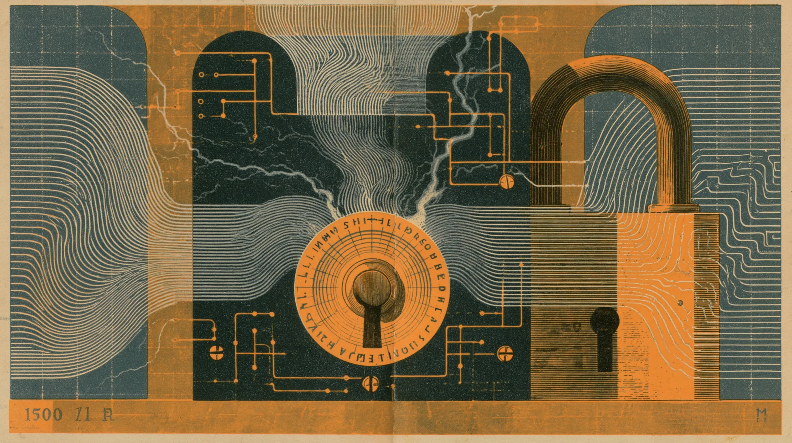 An engraved plate: lightning forks strike from a dark storm block into a lettered dial around a keyhole, contour-line currents flow in from either side, circuit traces with orange studs cross the field, and a tall wood-grained padlock stands closed at the right.