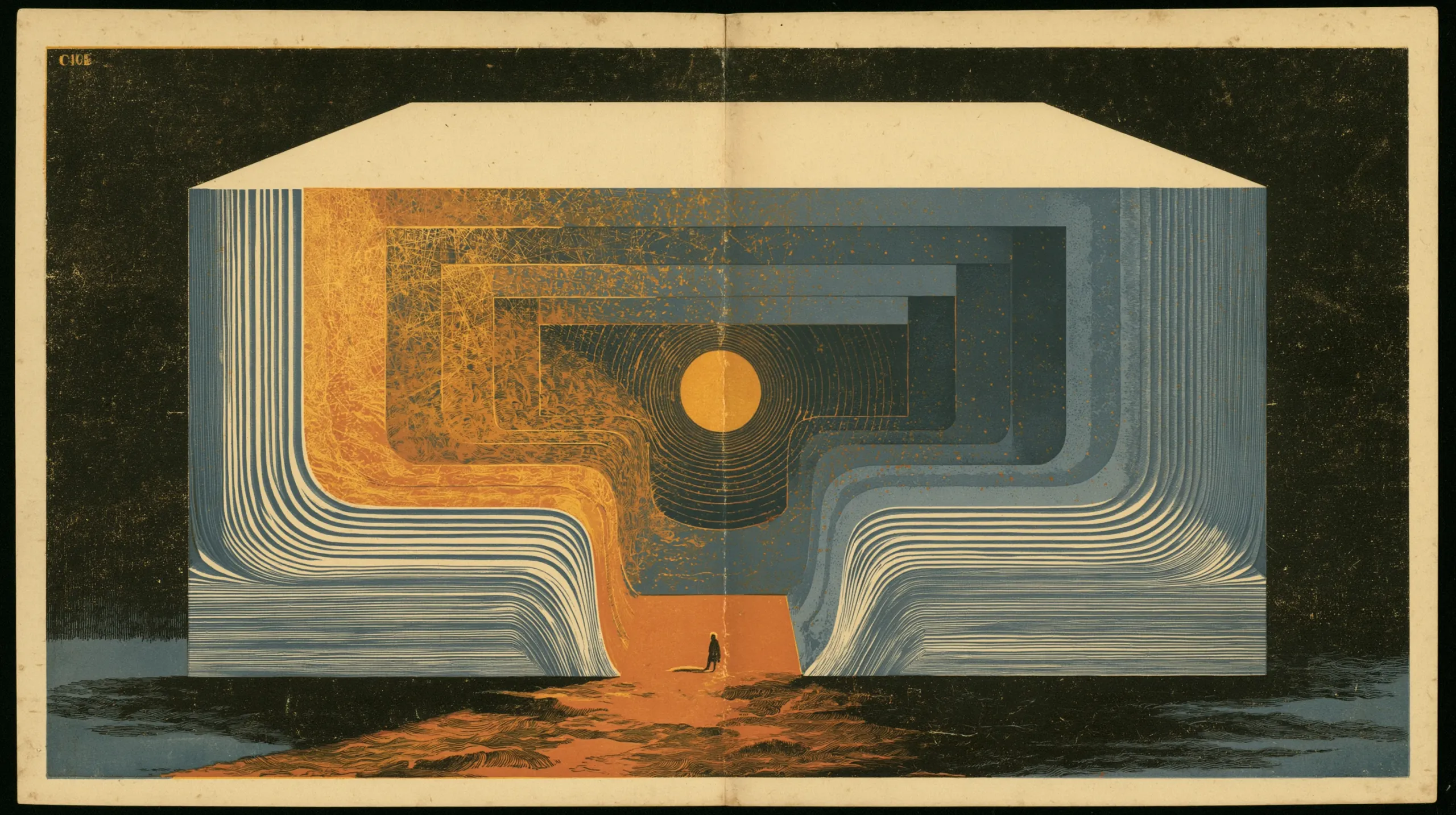 An engraved plate: a sheet folded into a vast tunnel of pale banded layers receding to a glowing disc at the centre, with a single small figure standing at the opening on the ground below.