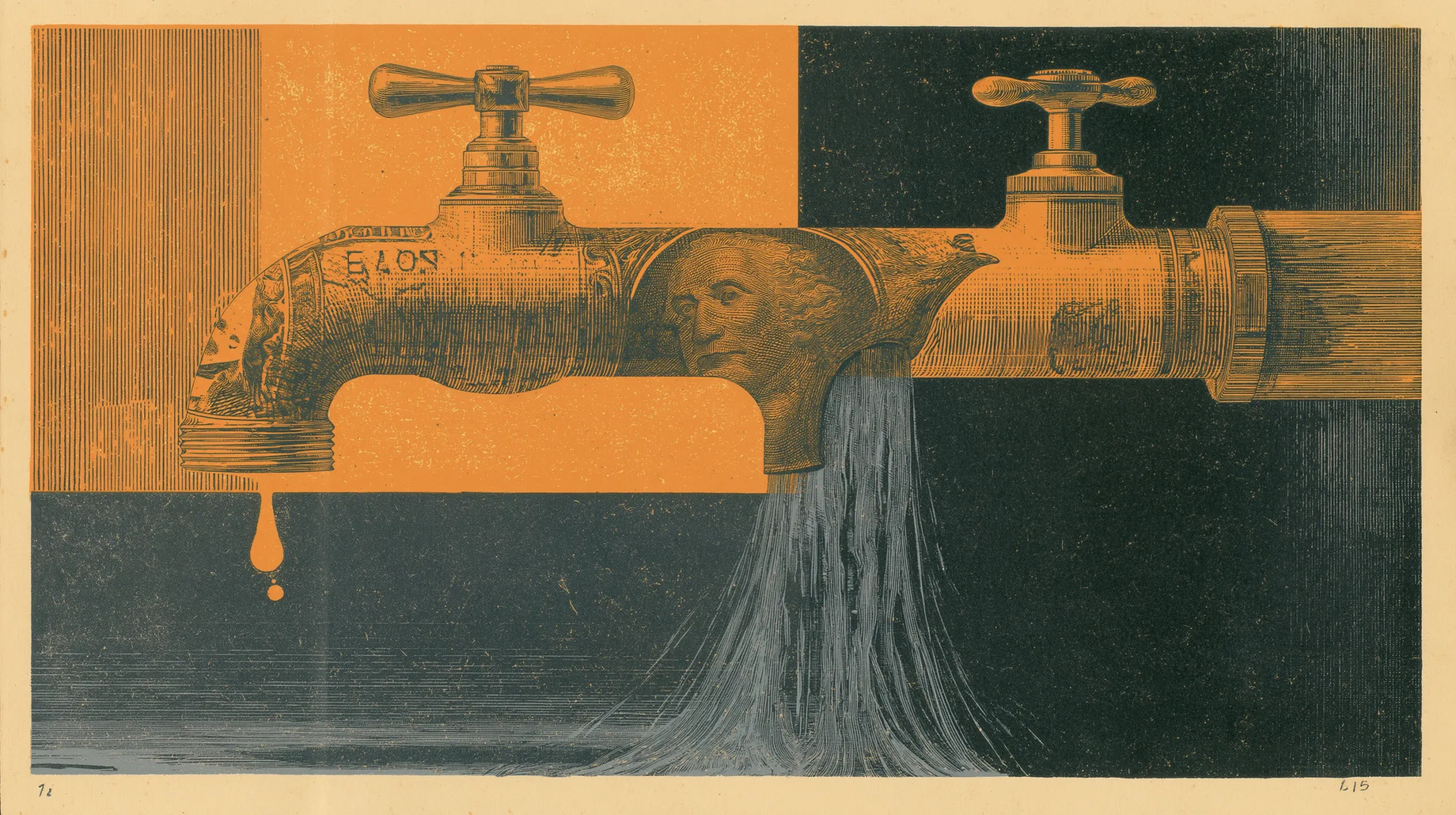 An engraved print: two brass taps face each other, the left one built out of banknote engraving with a portrait in its body and a single drop hanging from its mouth, the right one pouring a heavy stream.