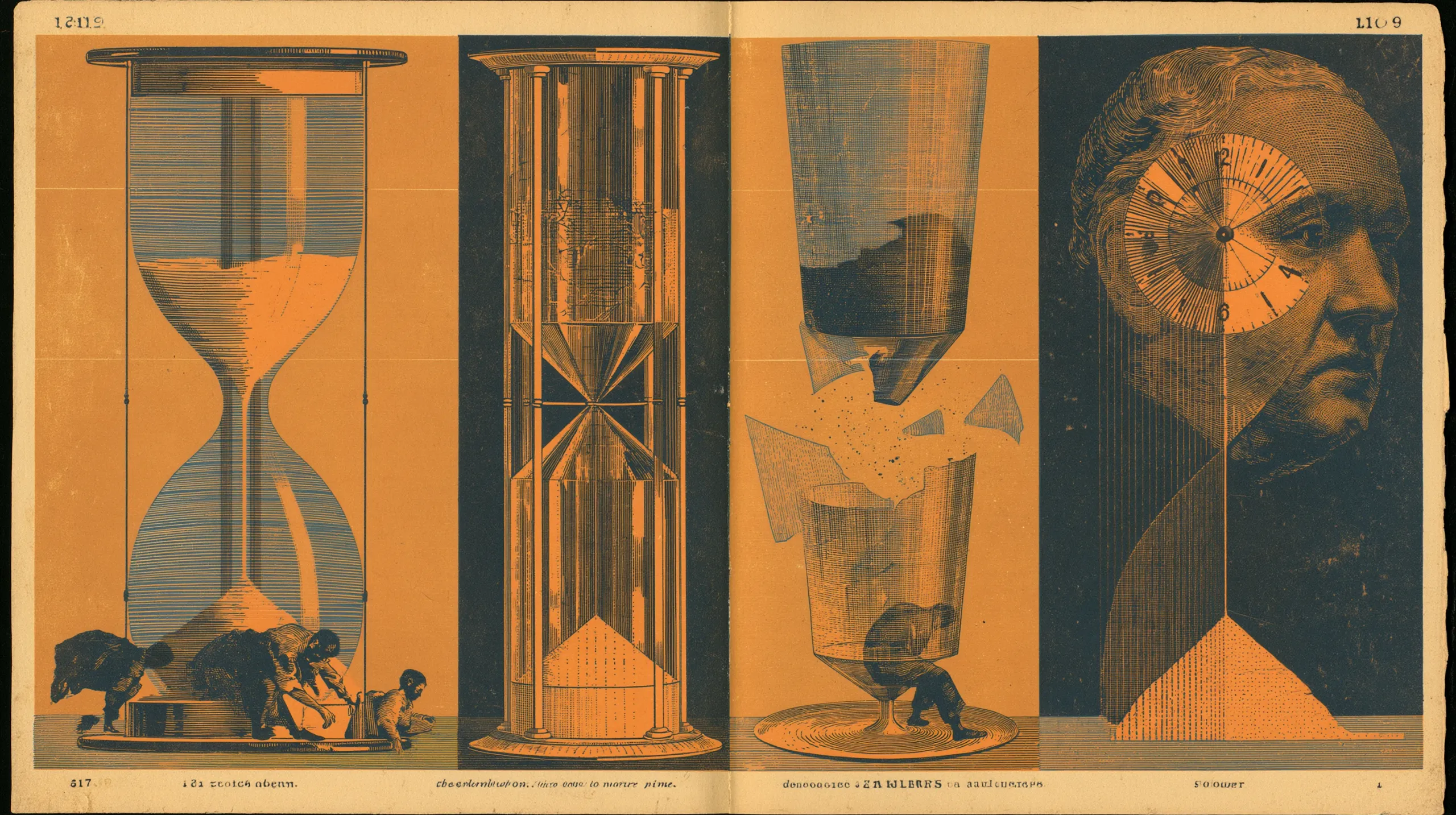 An engraved plate in four panels: an hourglass with small figures crouched at its base, a tall columned hourglass standing on a plinth, a vessel breaking apart in mid-air above a stooping figure, and a man's head with a clock face set into his temple over a cone of fallen sand.