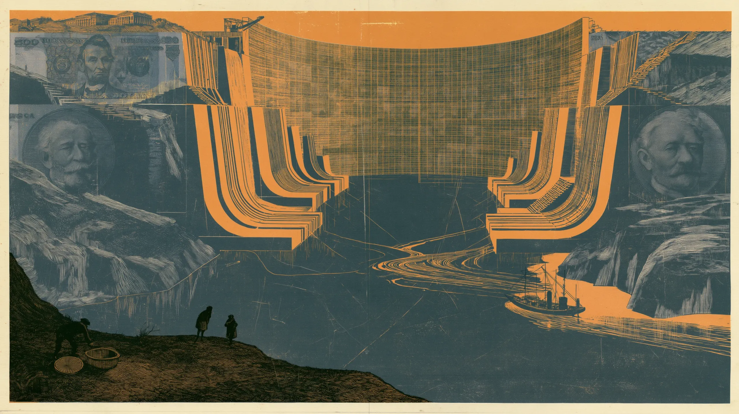 An engraved gorge: a vast dam holds back the water above, spillways curve down its face, banknote portraits are set into the cliffs either side, a small steamboat works the river below, and two figures watch from a bluff.