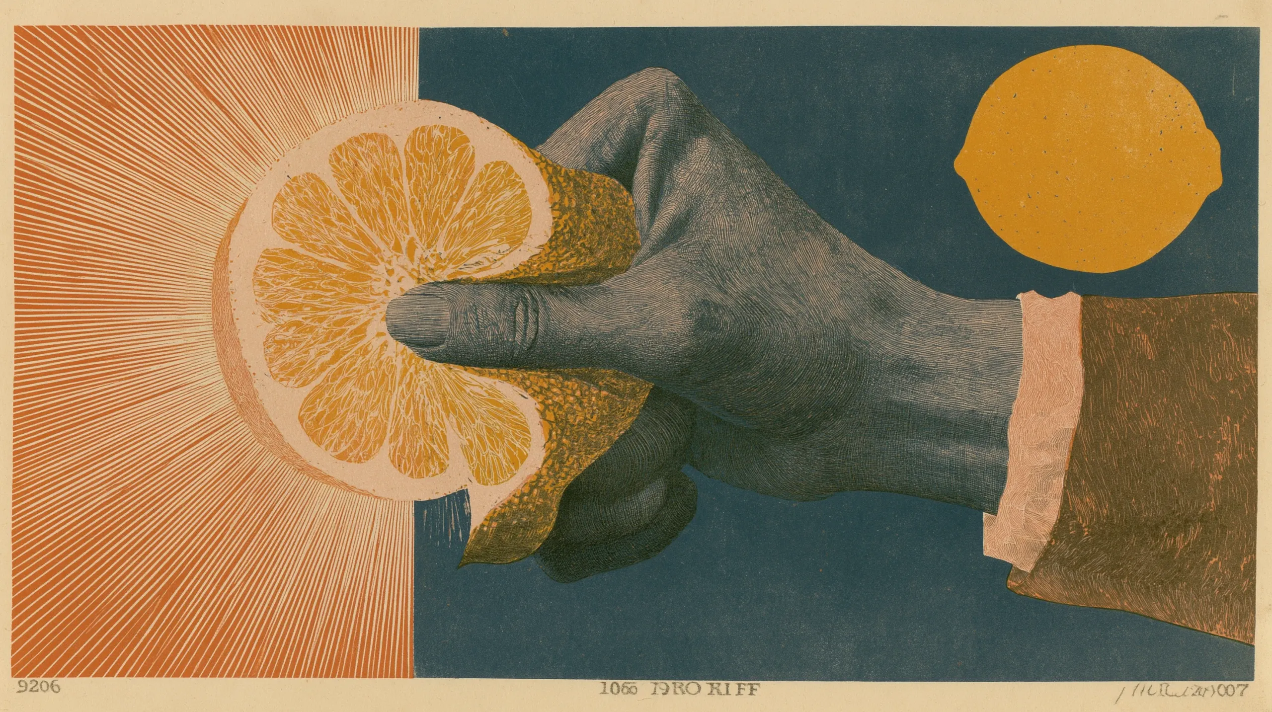 An engraved print: a hand squeezes a halved orange whose cut face turns toward the viewer, fine rays fanning out behind it across a pale band down the left, with a whole flat fruit disc in the upper right against a dark field.