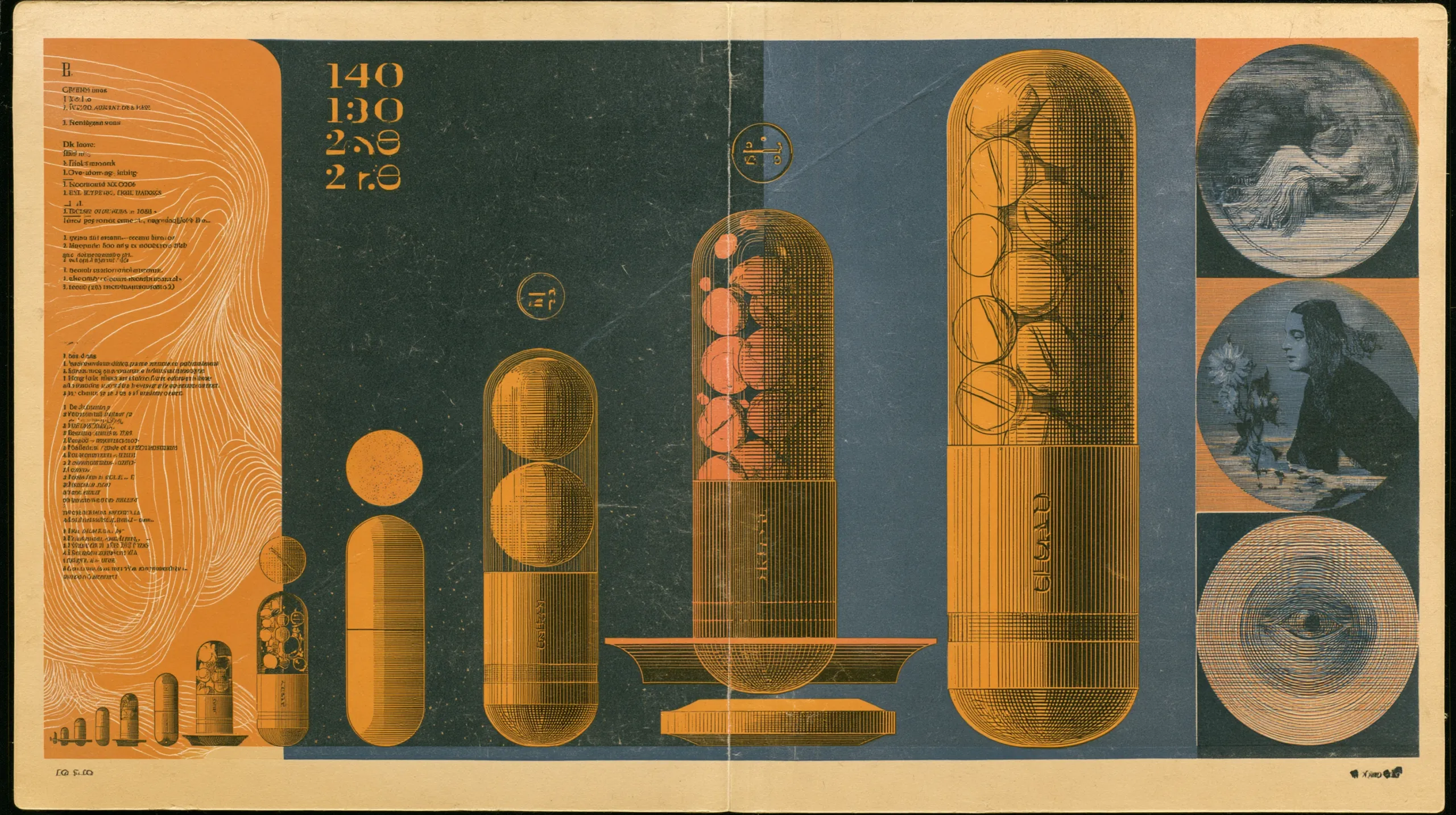 An engraved catalogue plate: a row of capsules growing larger from left to right, one packed with spheres, one raised on a stand, the largest filled with stacked discs, with columns of small printed text down the left side and three circular vignettes down the right showing a reclining figure, a figure beside a plant, and a spiral of concentric rings.
