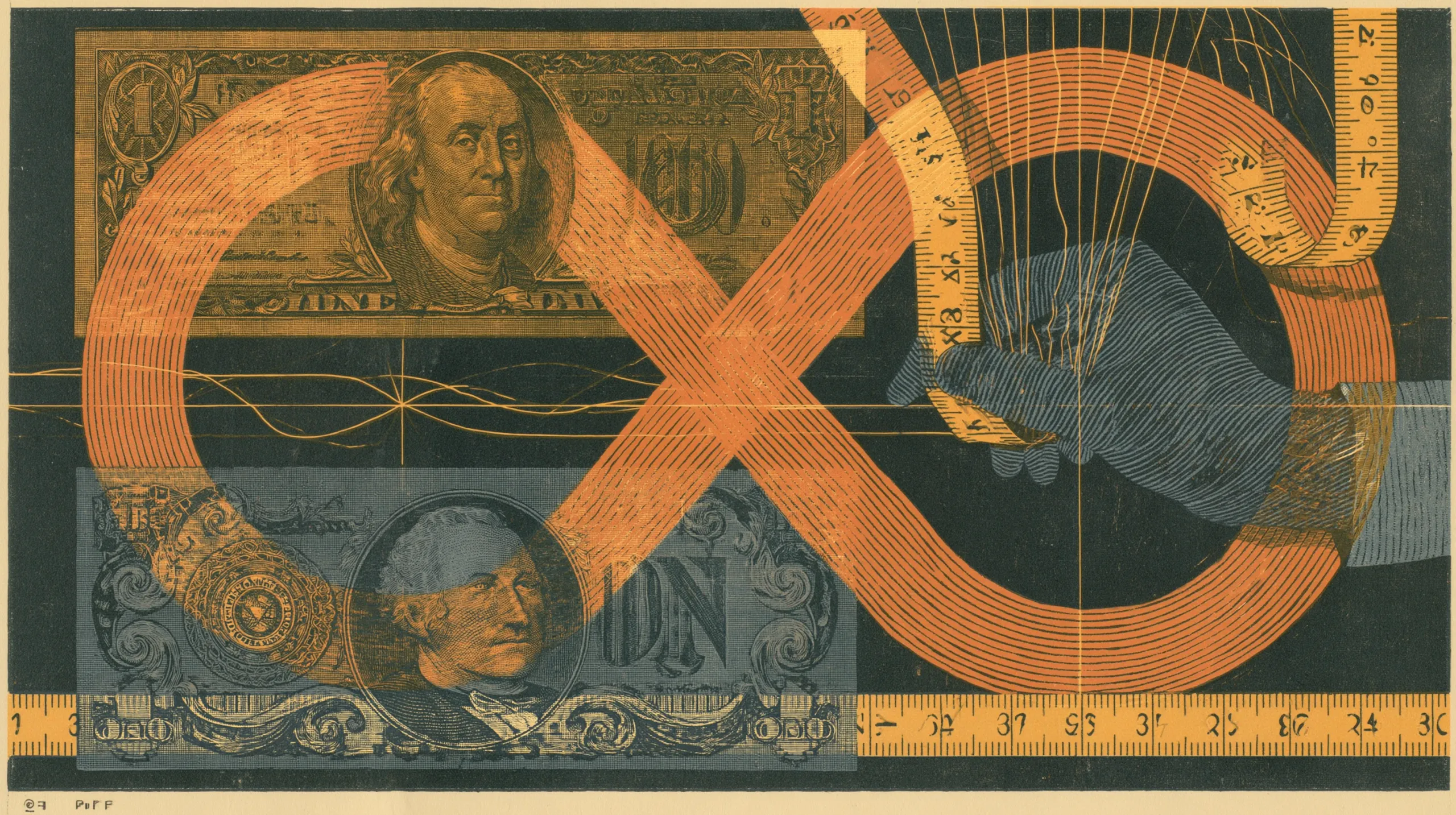 An engraved print: a tape measure loops into a figure of eight across two banknotes, a hand at the right drawing it out, and a marked ruler running the full width of the plate along the bottom.