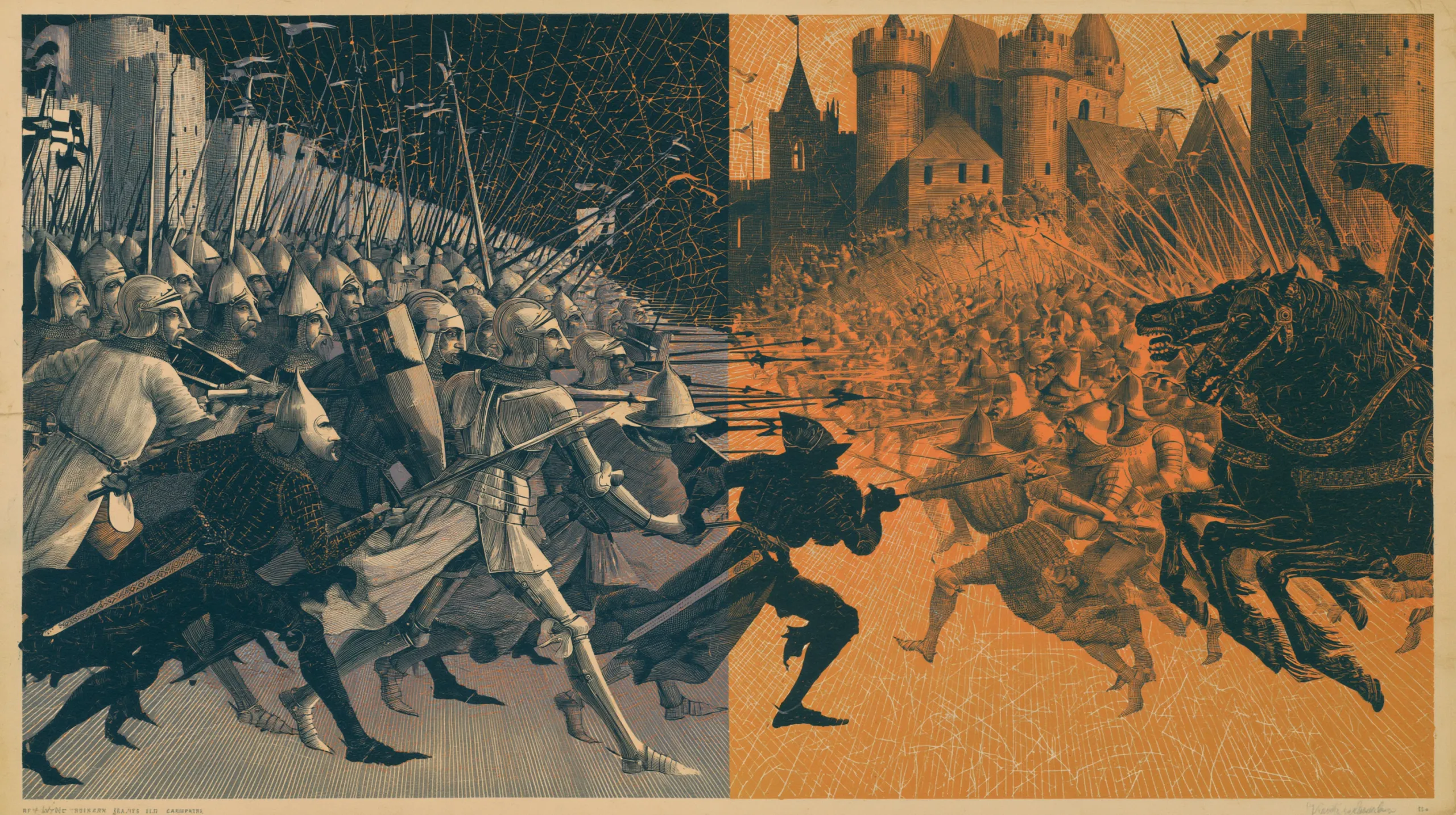 An engraved battle: two armies charge into each other from either side, the left half in cold pale armour, the right half in orange with castle towers behind, their spears meeting down the middle of the plate.