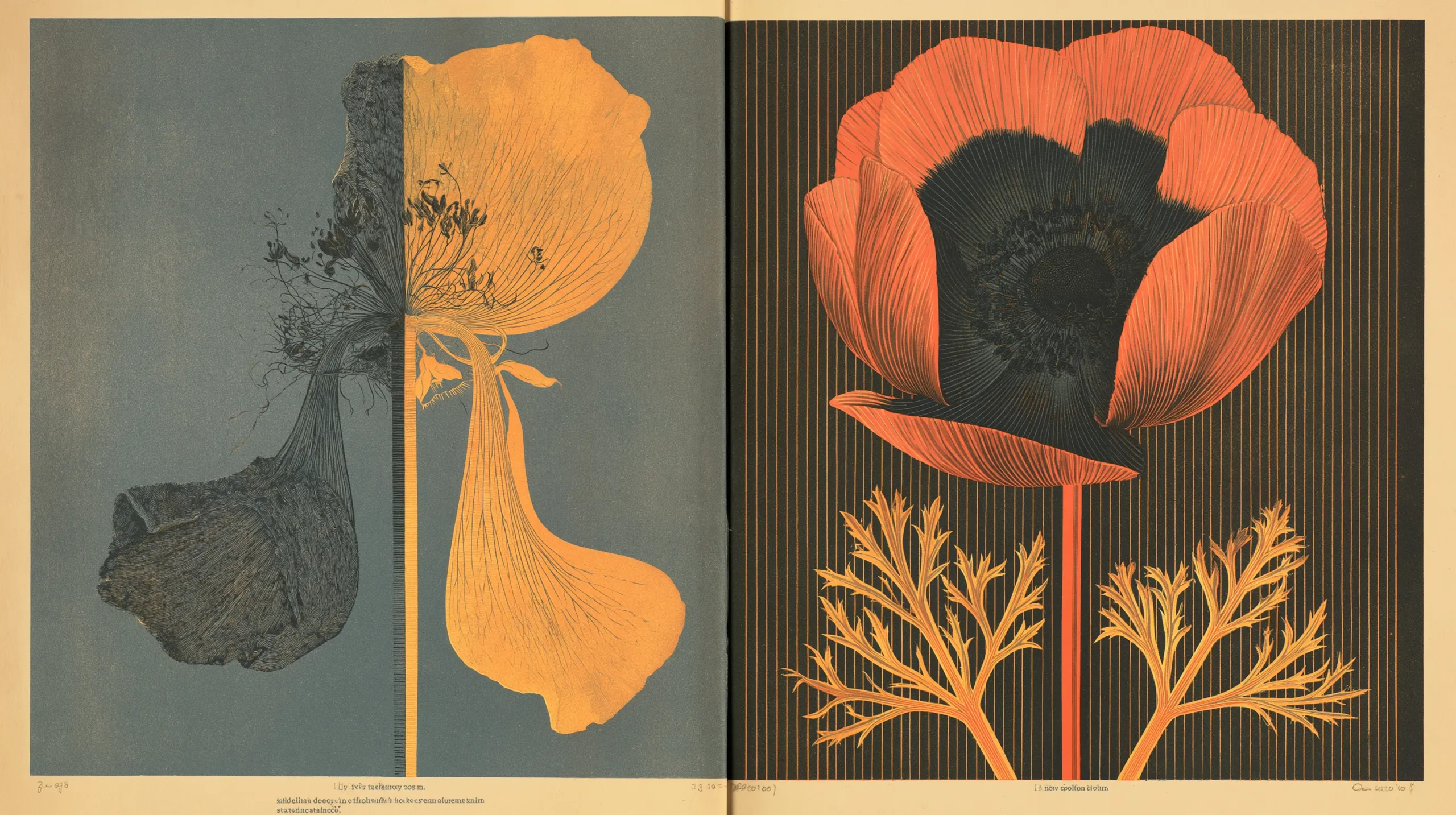 An engraved botanical plate in two panels: on the left a poppy split down its length, half withered seed head and half golden petal; on the right the same flower in full bloom above two leaf sprays.