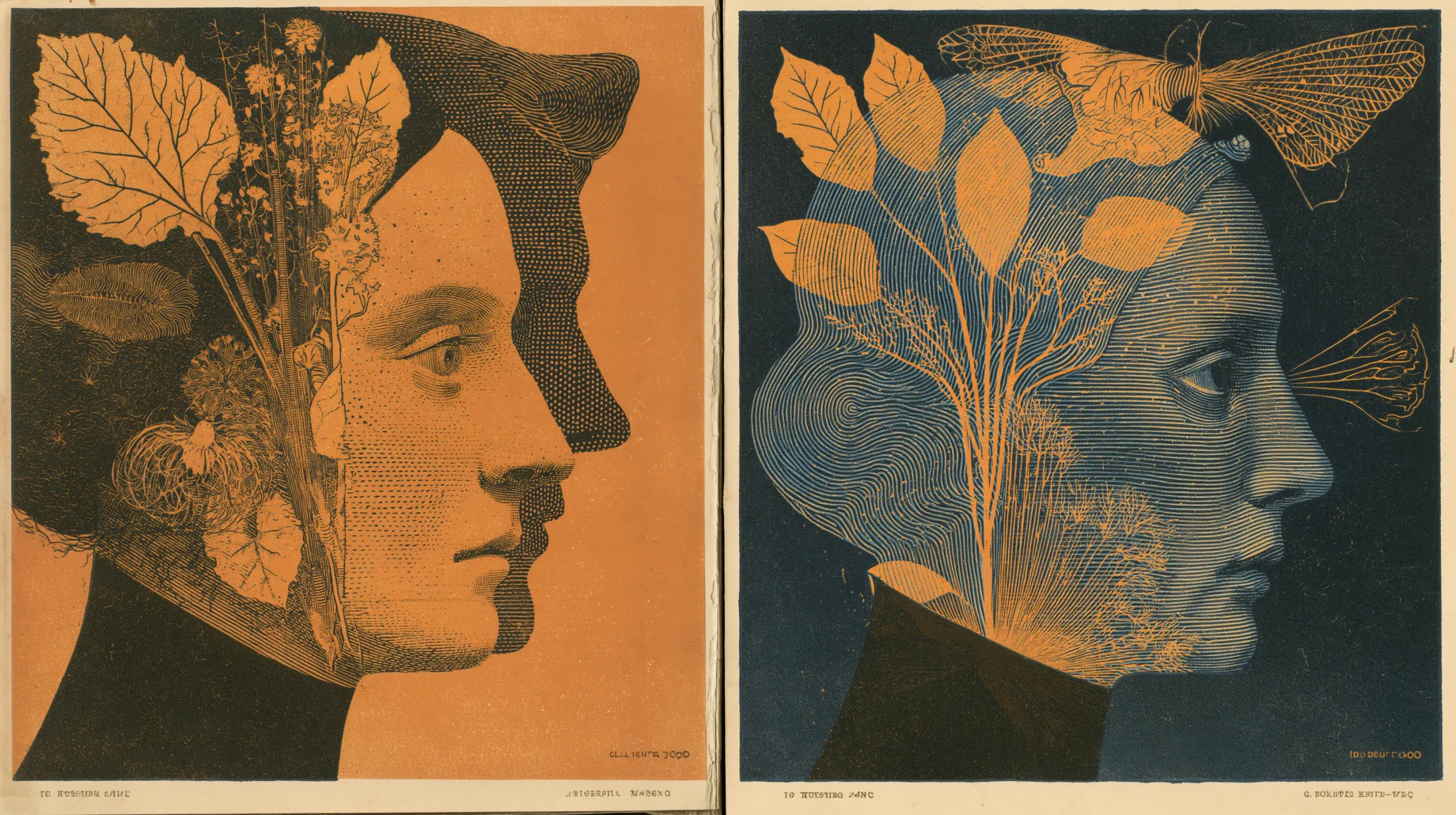 An engraved diptych: the same woman's profile twice, once on an orange ground with pressed leaves and seed heads filling the back of her head, and once inverted on dark blue, her head drawn in fingerprint rings with an orange sprig growing through it and a moth at her brow.