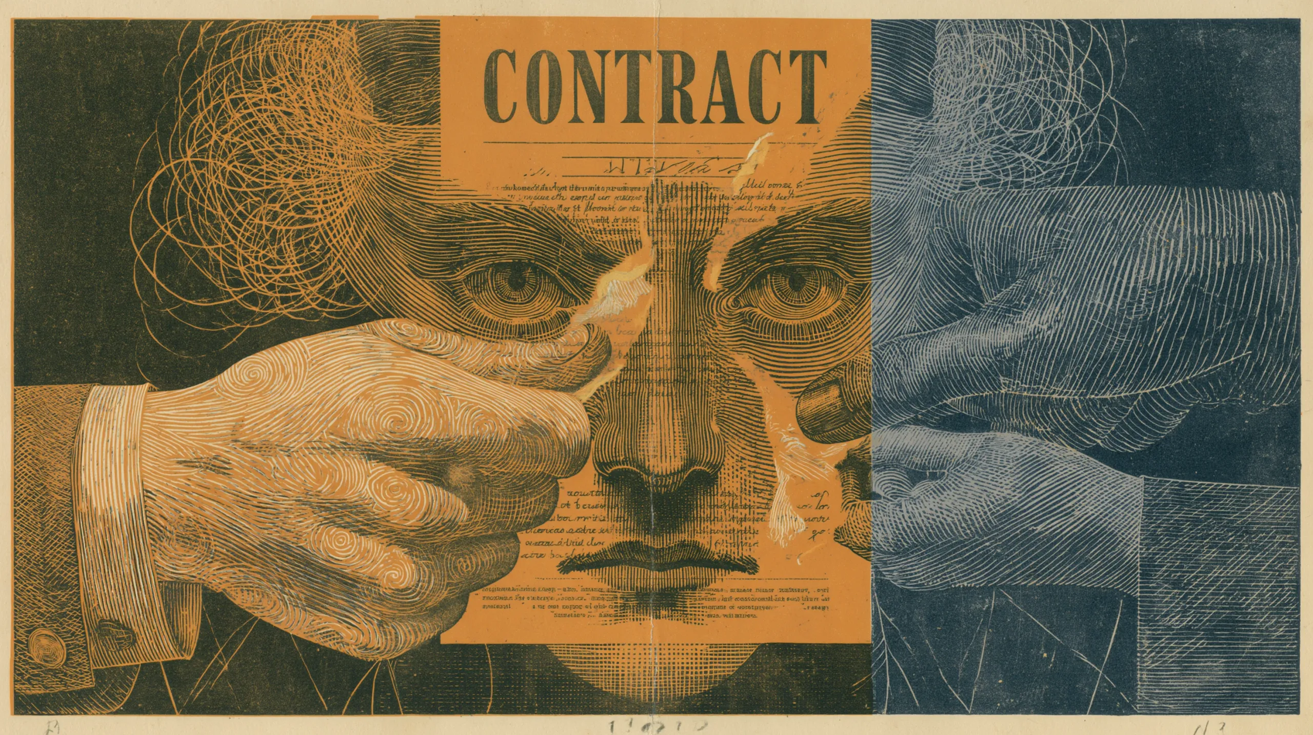 An engraved print: a calm frontal face printed over a document headed CONTRACT, its small print running across the features, while a huge fingerprint-whorled hand pinches the cheek as if peeling the page, a dark thumb presses from the right, and the scene's right third turns to pale negative.