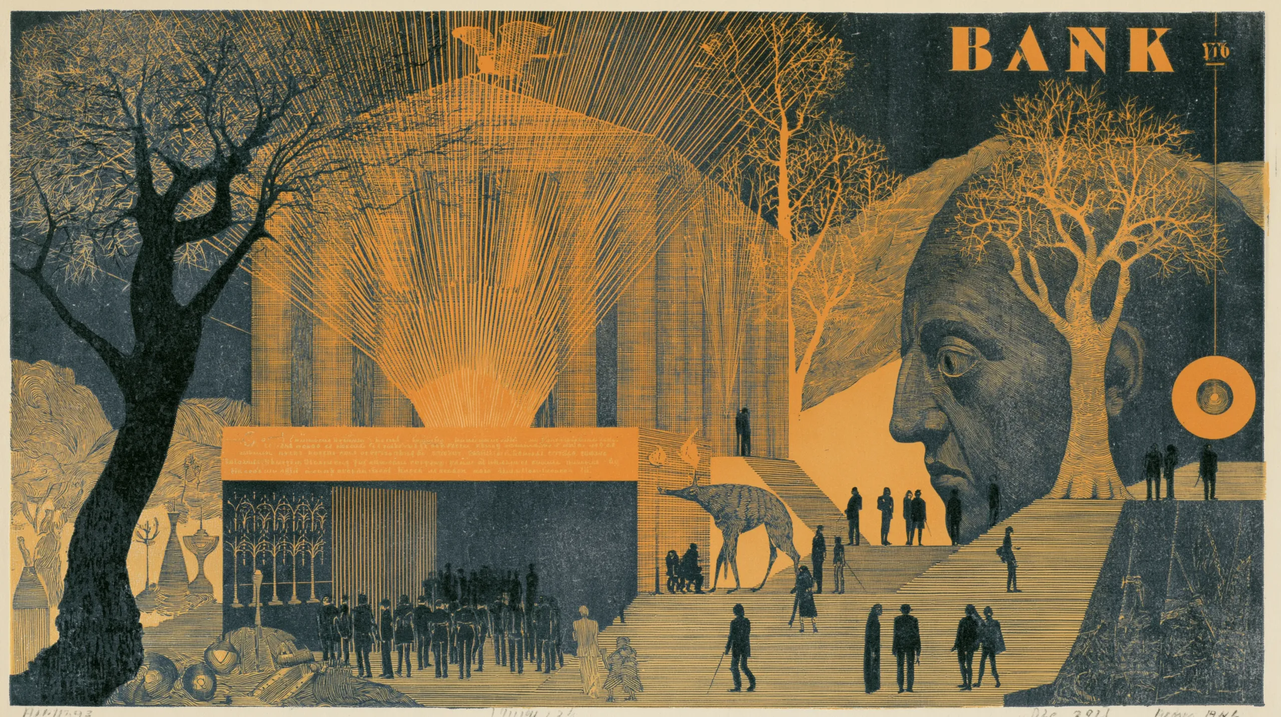 An engraved night scene: light pours in rays from the doorway of a building marked BANK, crowds climb its steps, bare trees stand either side, and a giant face in profile watches from the right.