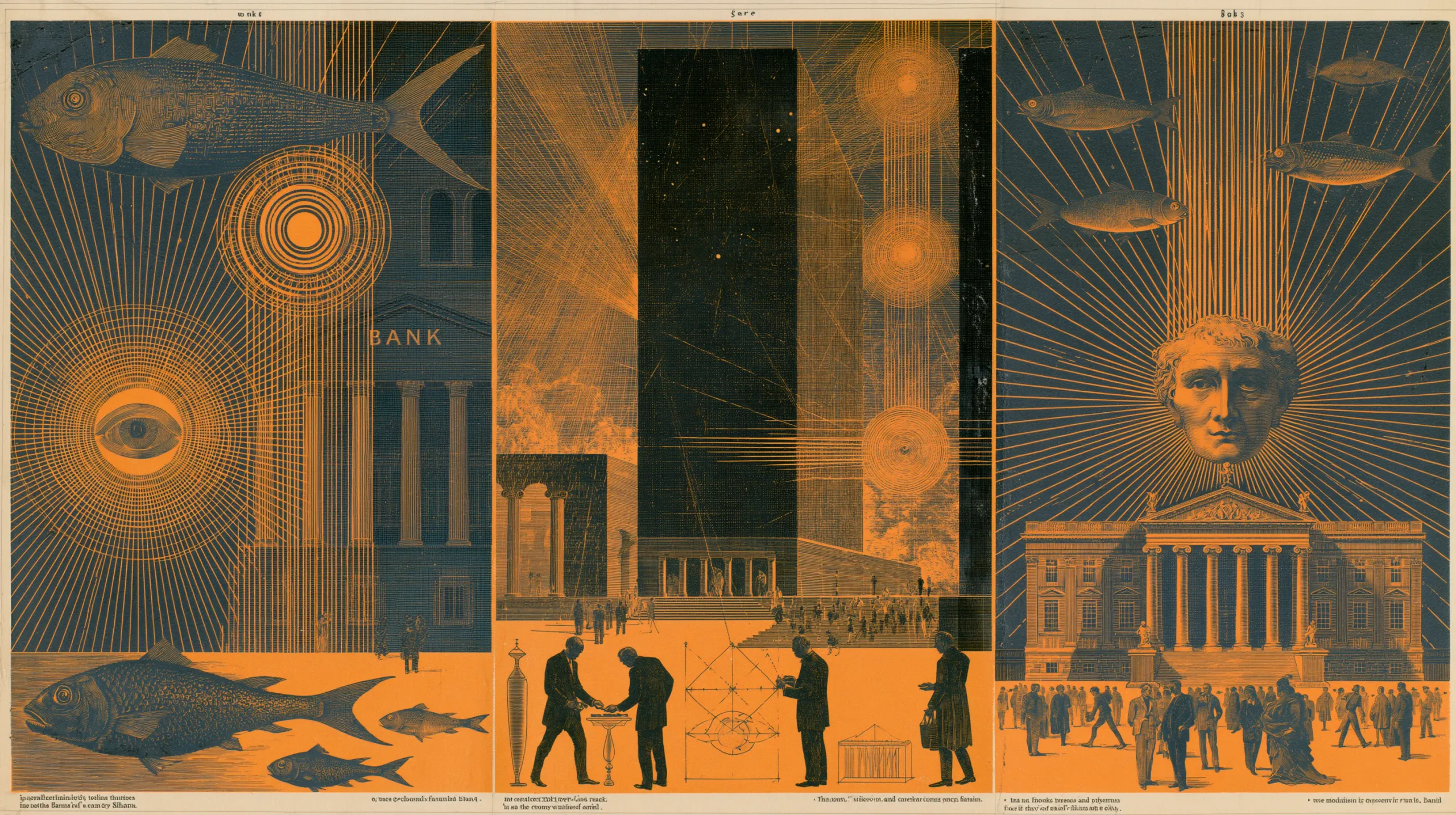 An engraved triptych: a bank facade with fish and radiating circles on the left, a tall dark tower with small figures gathered at its base in the middle, and a columned exchange building with crowds on the right.