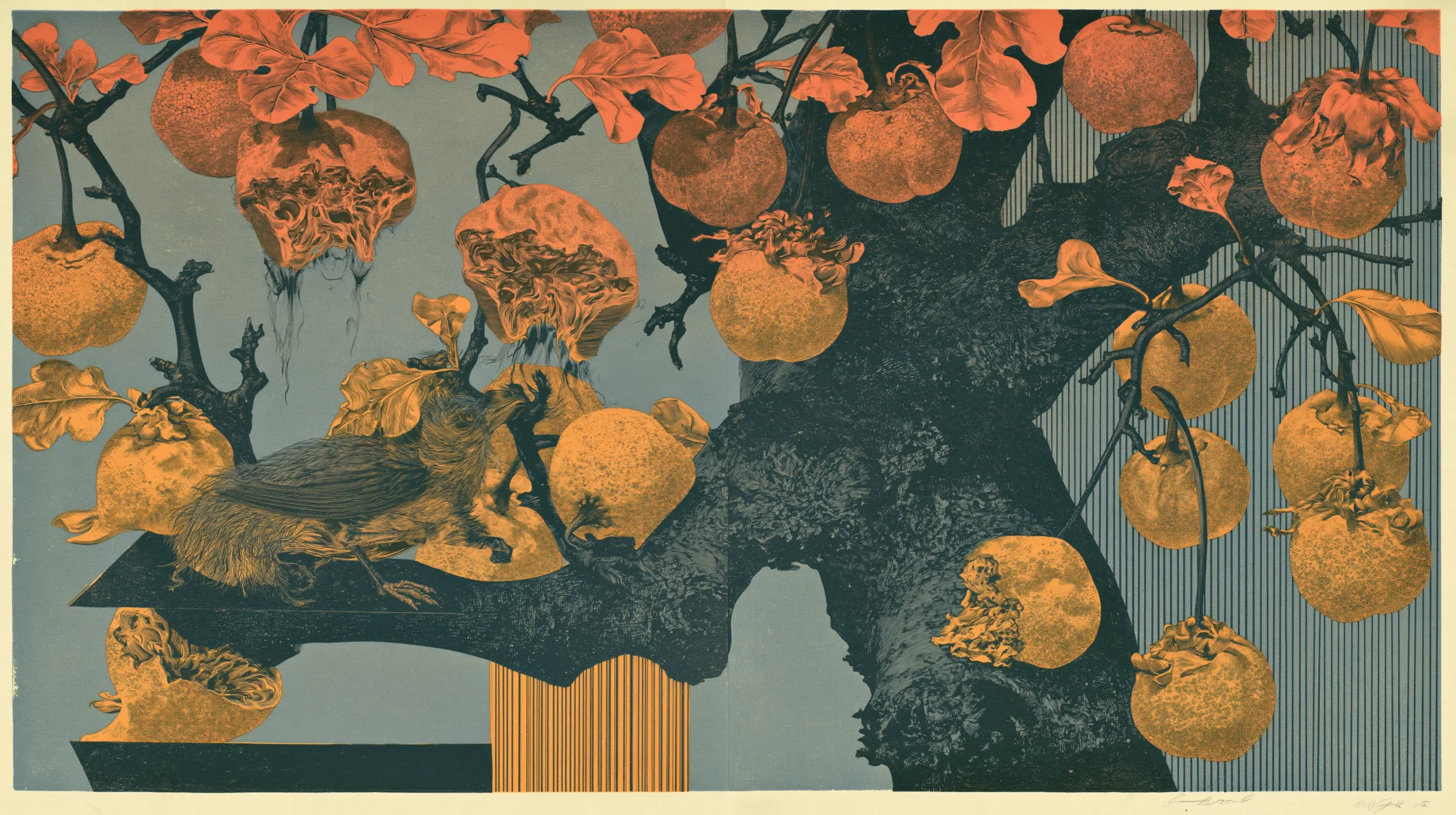 An engraved print: a dark tree hung with round golden fruits, several of them split open with growths bursting out, red leaves along the upper branches, and a small animal stretched along a limb with another crouched on a ledge below.