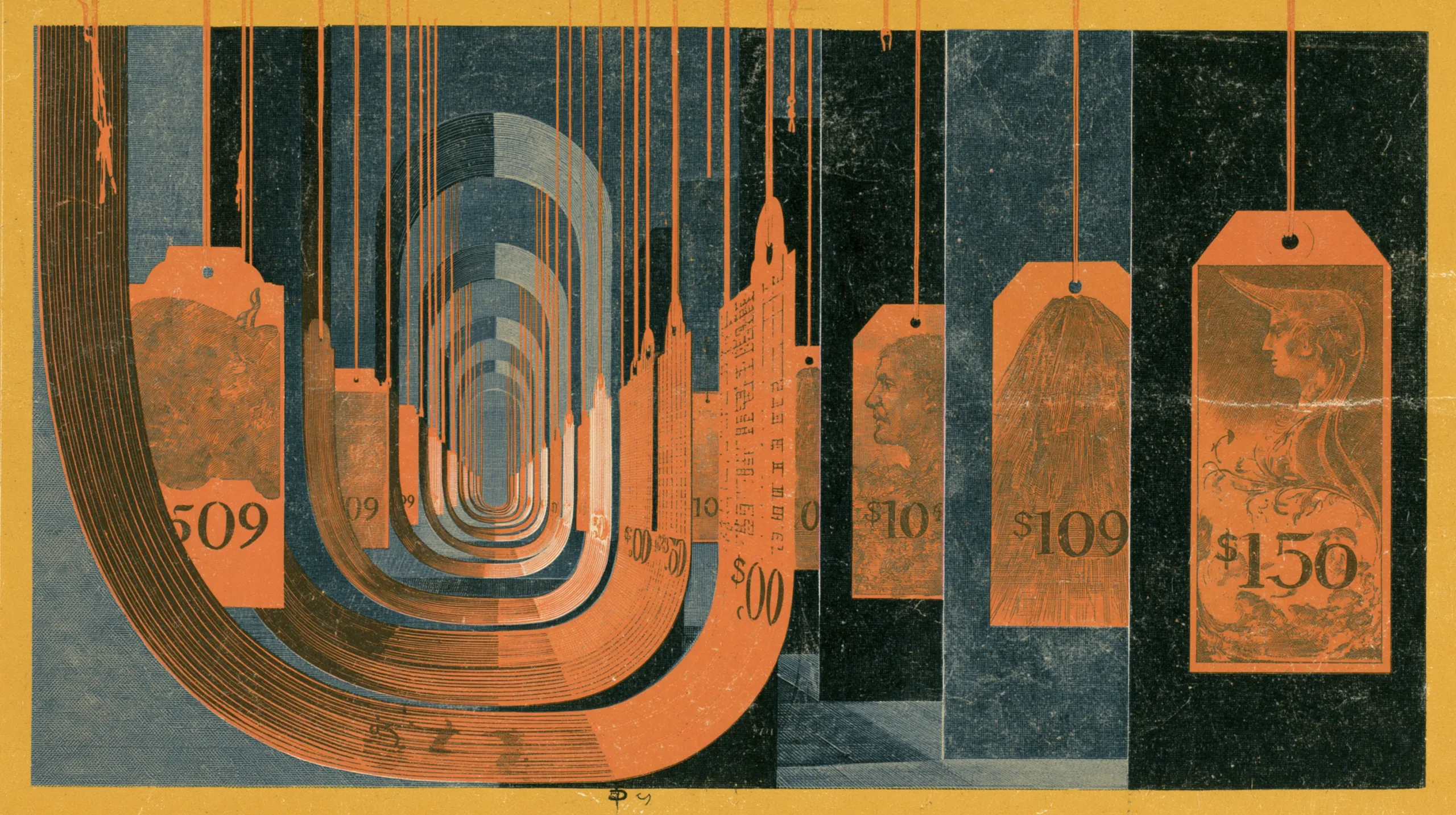 An engraved print: price tags hang on threads in a receding row, the nearest reading $150 and the ones behind it carrying smaller numbers, with an arcade of arches curving away into the distance.