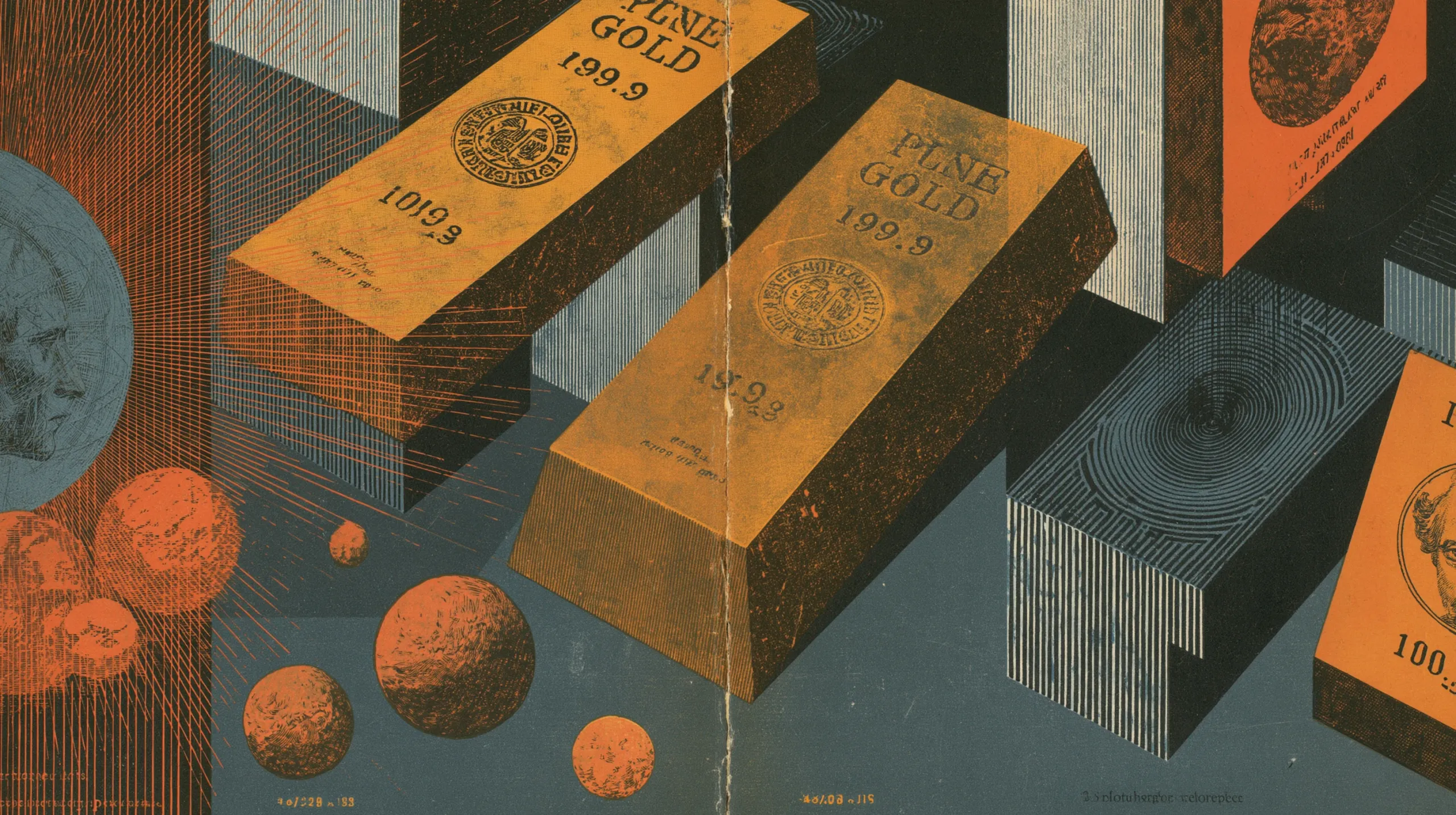 An engraved plate: two long bars stamped as pure gold lie tilted among dark blocks and striped columns, cratered orange spheres roll across the slate floor, a ringed disc with a classical profile radiates rays at the left edge, and orange panels holding a dark moon and a numbered portrait stand behind.