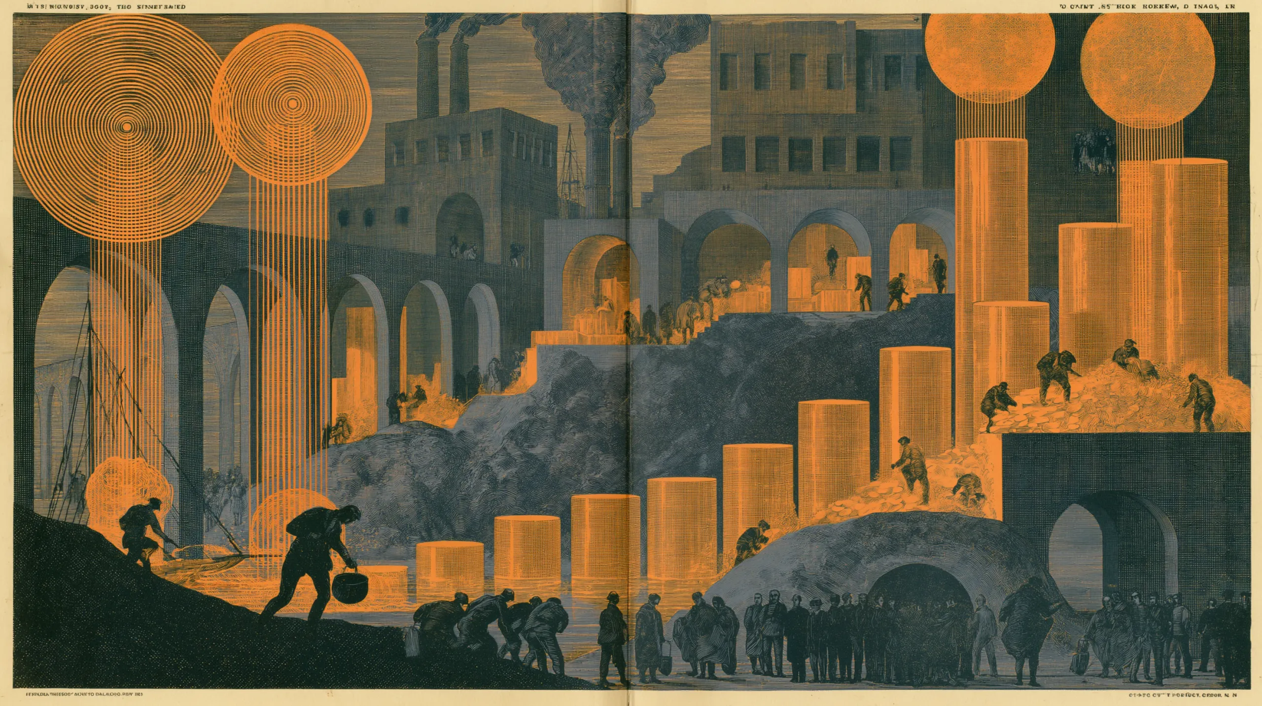 An engraved industrial landscape: glowing cylinders stacked across terraces and viaducts, workers hauling loads up the slopes, smoking chimneys behind, and a crowd waiting at the mouth of a tunnel.