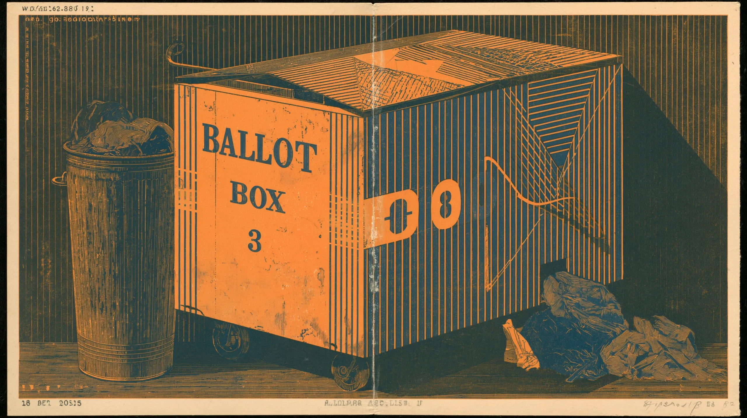 An engraved scene: a tall striped ballot box on castors, its orange front lettered BALLOT BOX 3 and its slot torn open in a star, stands between a cylinder bin stuffed with crumpled papers and a heap of discarded sheets spilling into its long shadow.